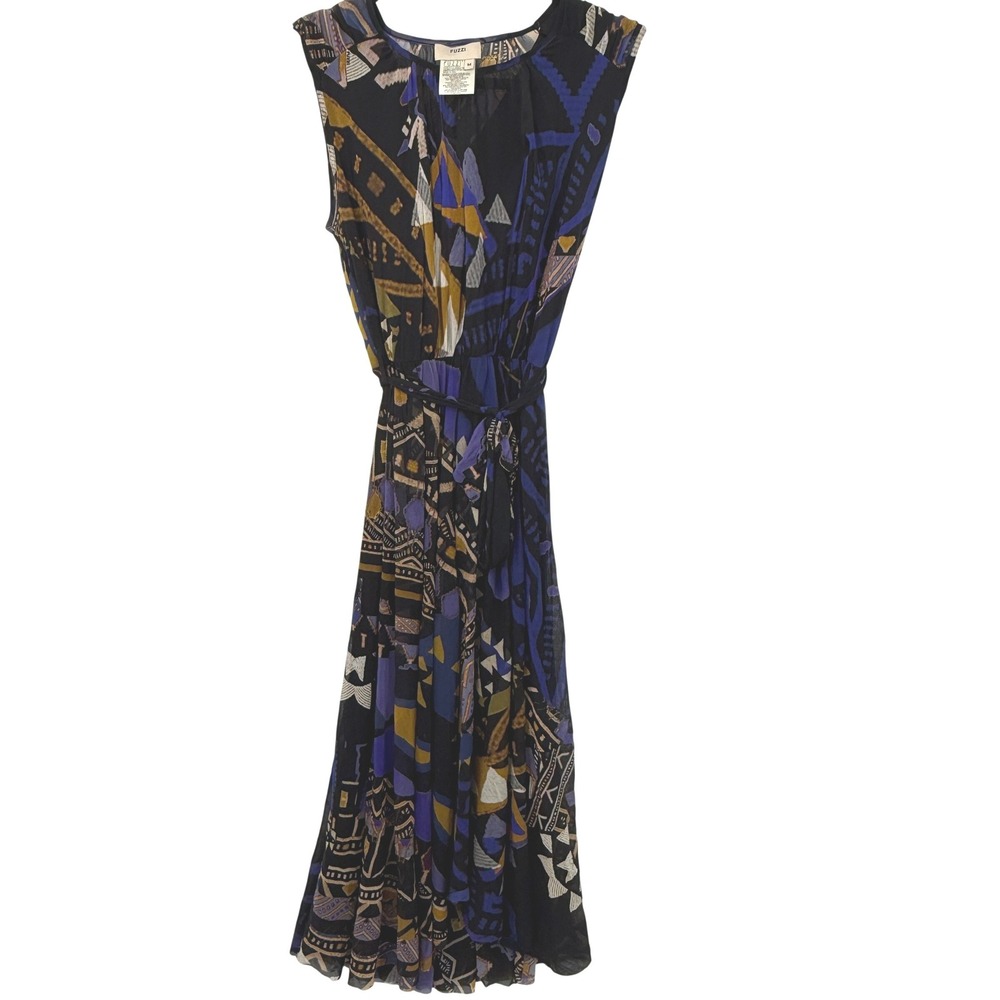 Fuzzi Mesh Sleeveless Midi‎ Dress Women M Abstract Stretch Belted Boho Chic Euro
